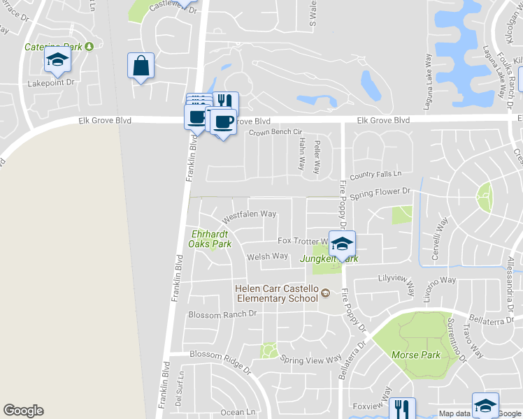 map of restaurants, bars, coffee shops, grocery stores, and more near 9769 Westfalen Way in Elk Grove