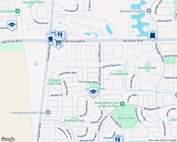 map of restaurants, bars, coffee shops, grocery stores, and more near 5301 Tersk Way in Elk Grove