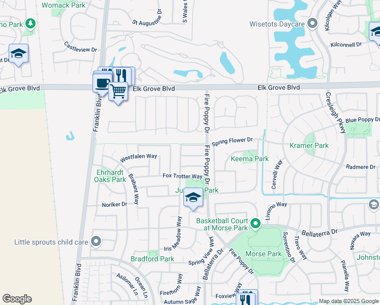 map of restaurants, bars, coffee shops, grocery stores, and more near 5301 Tersk Way in Elk Grove
