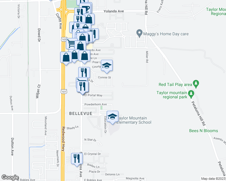 map of restaurants, bars, coffee shops, grocery stores, and more near 565 El Capitan Way in Santa Rosa
