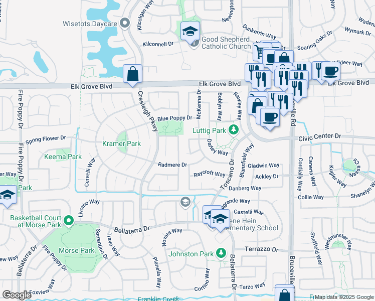 map of restaurants, bars, coffee shops, grocery stores, and more near 6605 Canner Court in Elk Grove