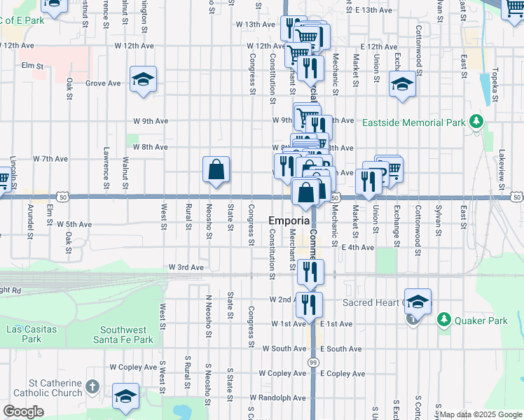 map of restaurants, bars, coffee shops, grocery stores, and more near 215 West 6th Avenue in Emporia