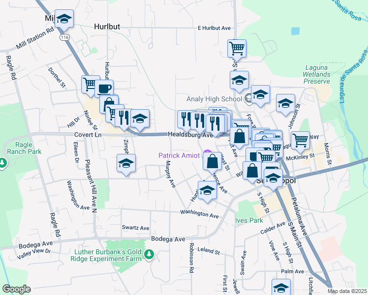 map of restaurants, bars, coffee shops, grocery stores, and more near 7600 Bately Court in Sebastopol