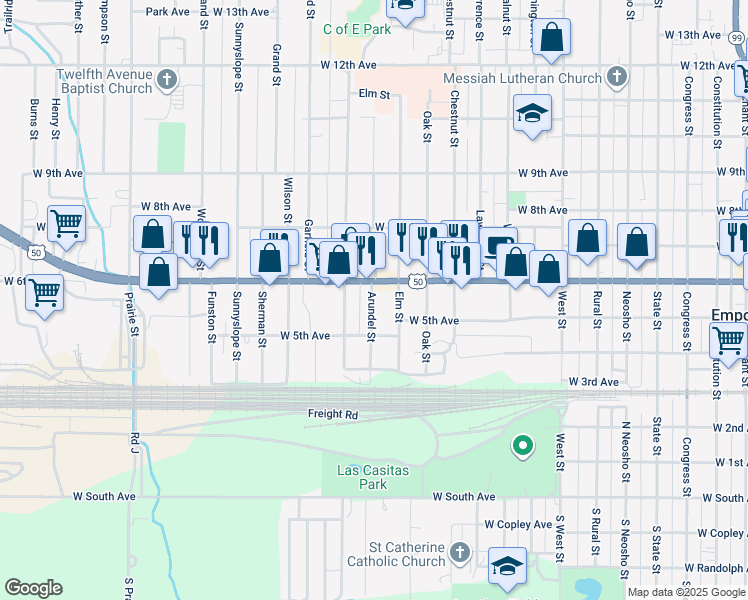map of restaurants, bars, coffee shops, grocery stores, and more near 1407 W 6th Ave in Emporia