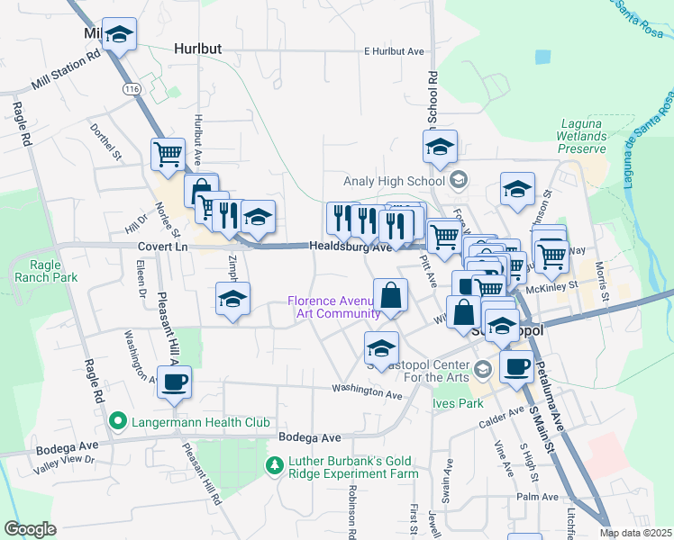 map of restaurants, bars, coffee shops, grocery stores, and more near 7600 Bately Court in Sebastopol