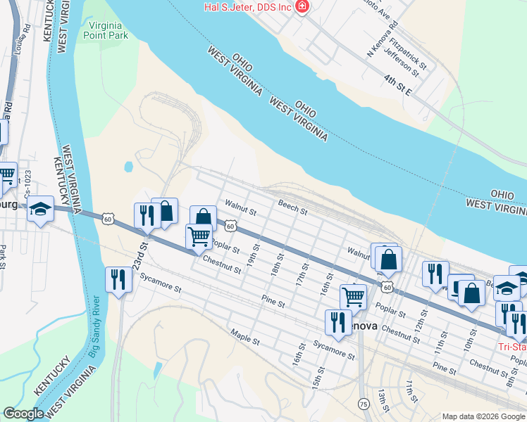 map of restaurants, bars, coffee shops, grocery stores, and more near 1905 Walnut Street in Kenova