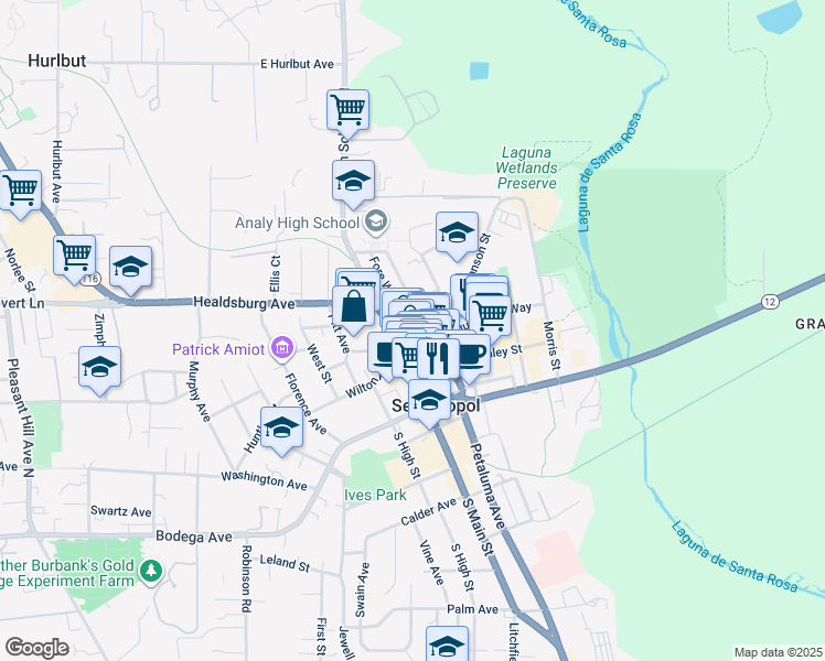 map of restaurants, bars, coffee shops, grocery stores, and more near 349 North Main Street in Sebastopol