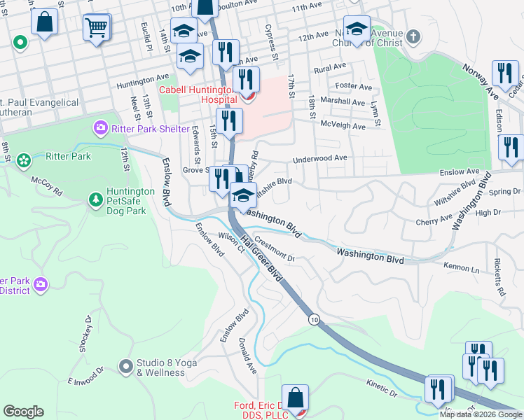map of restaurants, bars, coffee shops, grocery stores, and more near 1626 Washington Blvd in Huntington