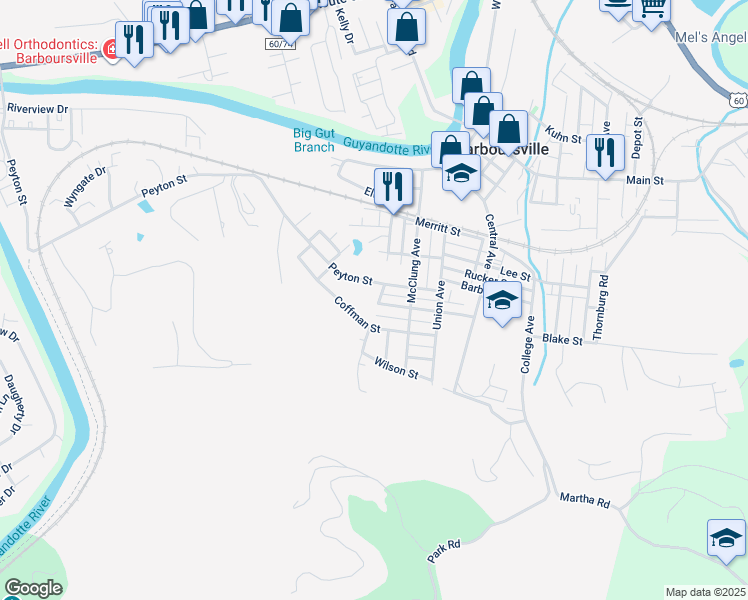 map of restaurants, bars, coffee shops, grocery stores, and more near 1350 Yoak Ave in Barboursville