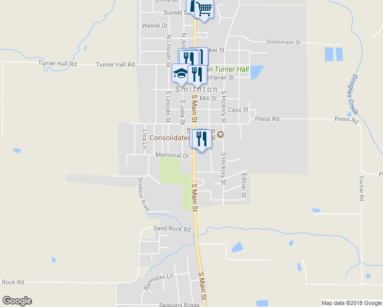map of restaurants, bars, coffee shops, grocery stores, and more near 425 South Main Street in Smithton