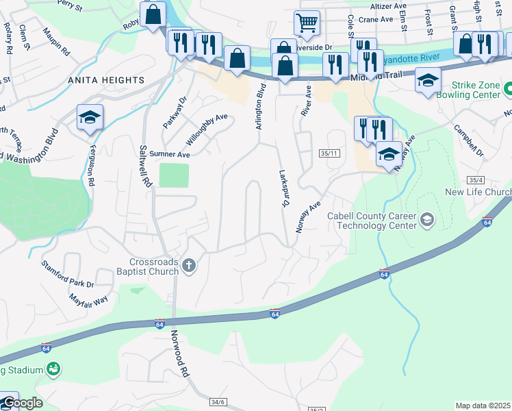 map of restaurants, bars, coffee shops, grocery stores, and more near 1764 Woodward Terrace in Huntington