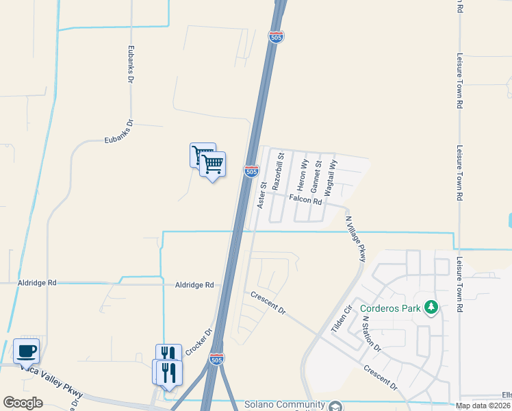 map of restaurants, bars, coffee shops, grocery stores, and more near 440 Aster Street in Vacaville