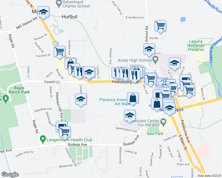 map of restaurants, bars, coffee shops, grocery stores, and more near 7630 Bately Court in Sebastopol
