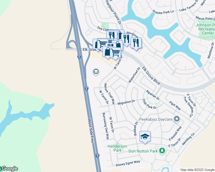 map of restaurants, bars, coffee shops, grocery stores, and more near 9756 Ruddy Duck Way in Elk Grove