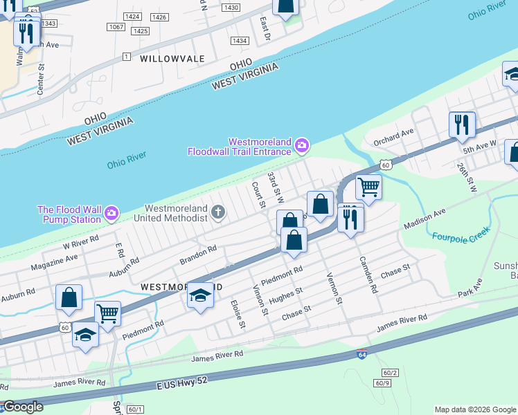 map of restaurants, bars, coffee shops, grocery stores, and more near 270 Court Street West in Huntington