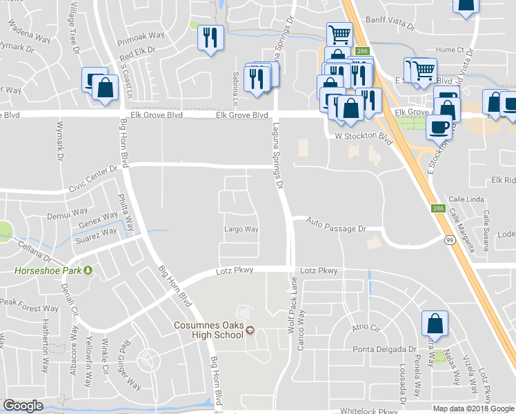 map of restaurants, bars, coffee shops, grocery stores, and more near 9721 Allen Ranch Way in Elk Grove
