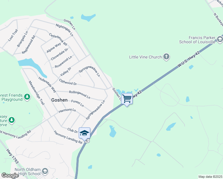 map of restaurants, bars, coffee shops, grocery stores, and more near 1000 Goshen Lane in Goshen