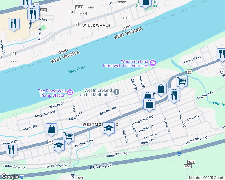 map of restaurants, bars, coffee shops, grocery stores, and more near 261 Kentucky St in Huntington
