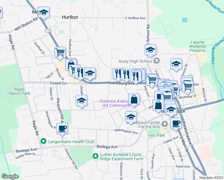 map of restaurants, bars, coffee shops, grocery stores, and more near 7600 Bately Court in Sebastopol