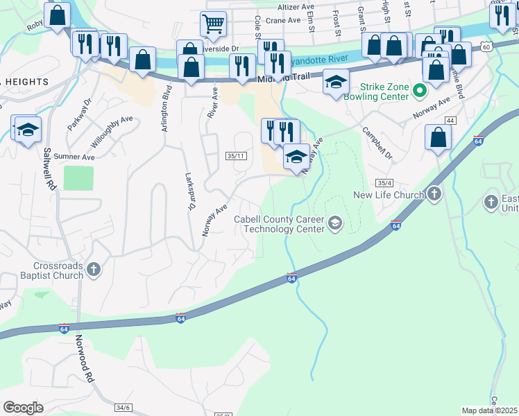 map of restaurants, bars, coffee shops, grocery stores, and more near 976 Dugan Street in Huntington