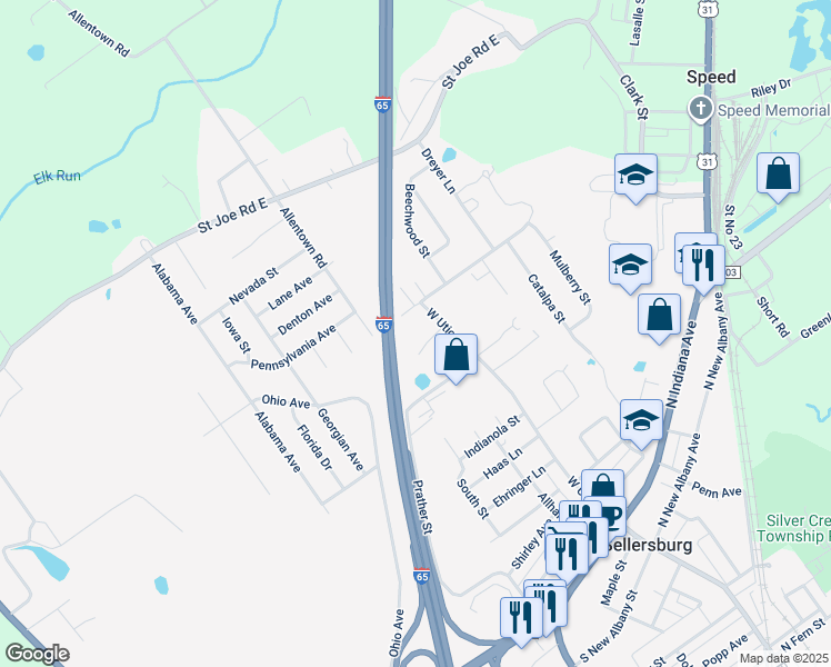 map of restaurants, bars, coffee shops, grocery stores, and more near 643 West Utica Street in Sellersburg