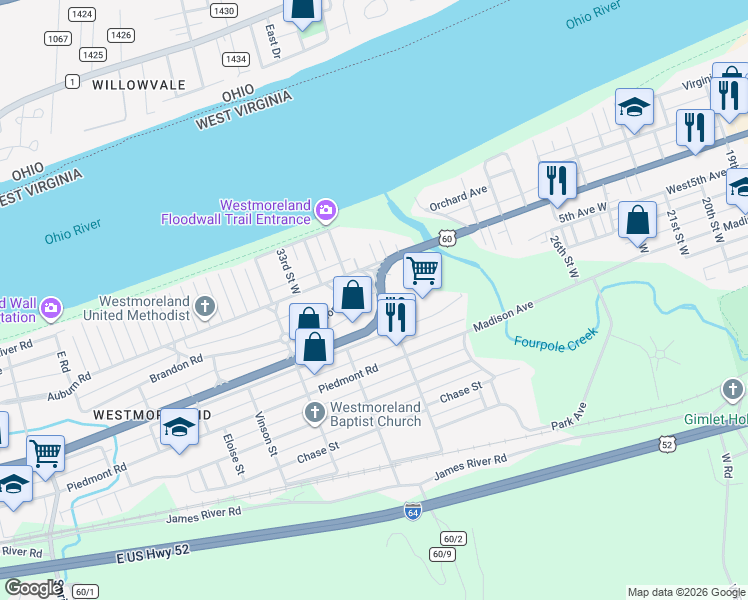map of restaurants, bars, coffee shops, grocery stores, and more near 3042 Waverly Road in Huntington
