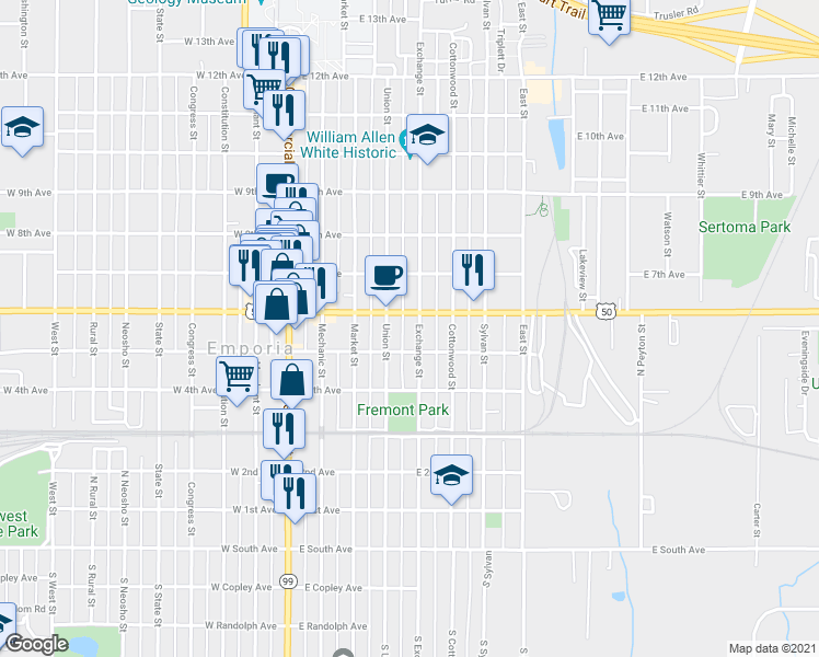 map of restaurants, bars, coffee shops, grocery stores, and more near 517 Exchange St in Emporia