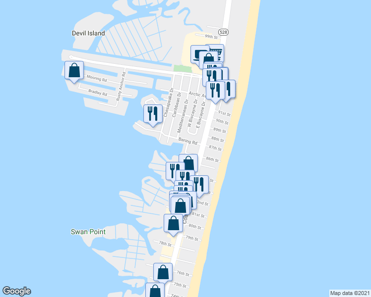 map of restaurants, bars, coffee shops, grocery stores, and more near 8602 Seabay Drive in Ocean City