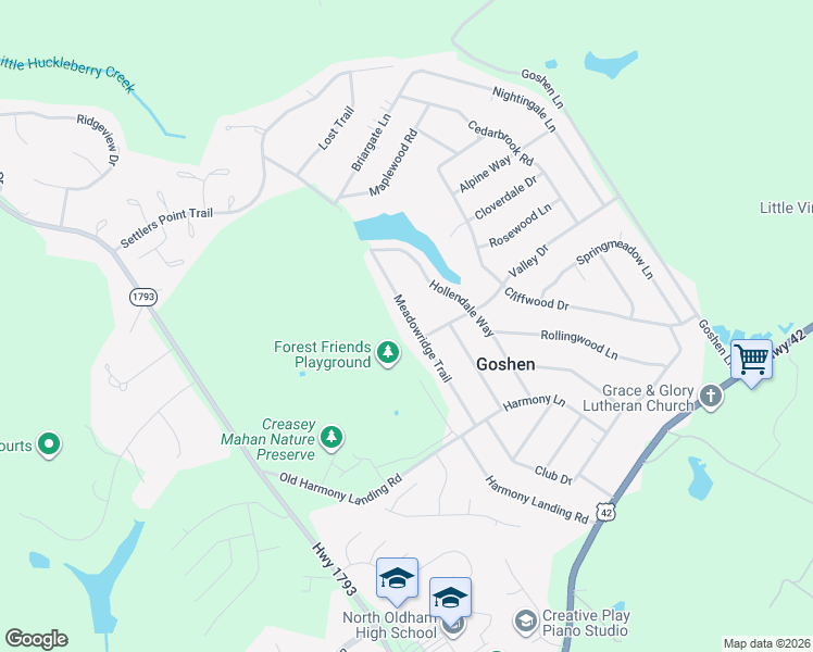 map of restaurants, bars, coffee shops, grocery stores, and more near 1204 Meadowridge Trail in Goshen