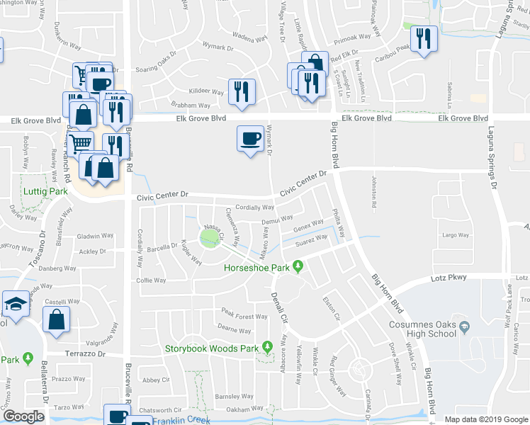 map of restaurants, bars, coffee shops, grocery stores, and more near 6521 Cordially Way in Elk Grove