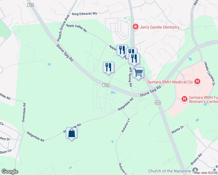 map of restaurants, bars, coffee shops, grocery stores, and more near 1704 Stone Spring Road in Harrisonburg