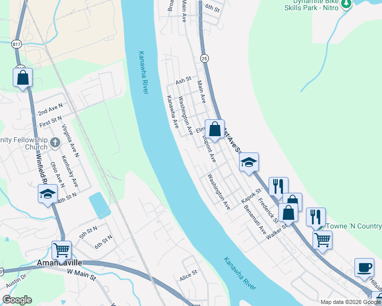 map of restaurants, bars, coffee shops, grocery stores, and more near Fir Street in Nitro