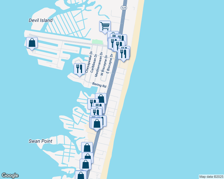 map of restaurants, bars, coffee shops, grocery stores, and more near 8606 Coastal Highway in Ocean City