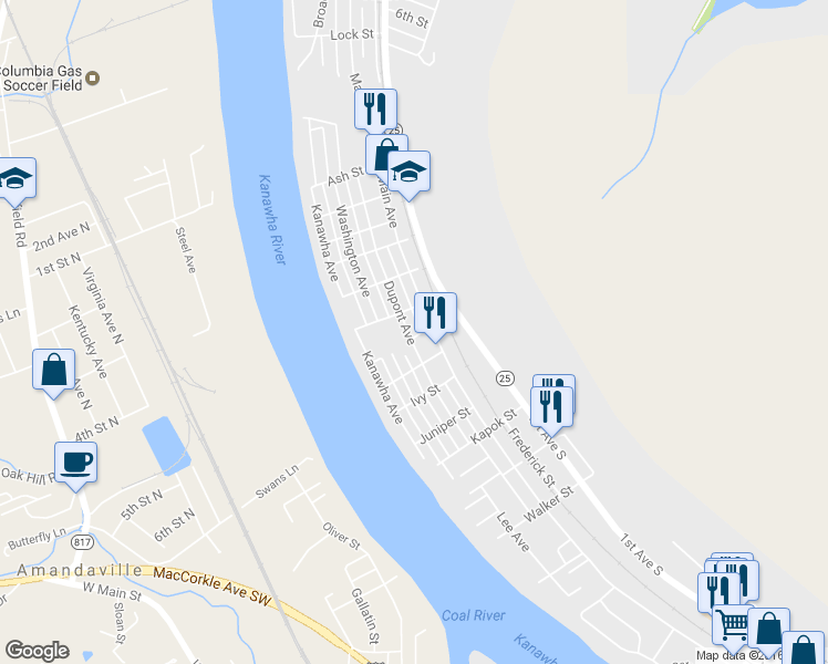 map of restaurants, bars, coffee shops, grocery stores, and more near 609 Gum St in Nitro