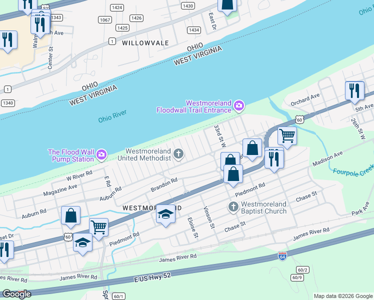 map of restaurants, bars, coffee shops, grocery stores, and more near 235 Indiana Street in Huntington
