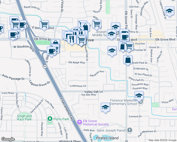 map of restaurants, bars, coffee shops, grocery stores, and more near 9707 Emerald Oak Drive in Elk Grove