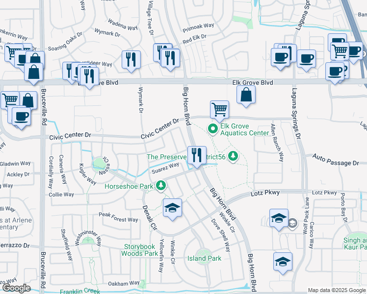 map of restaurants, bars, coffee shops, grocery stores, and more near 9724 Philta Way in Elk Grove