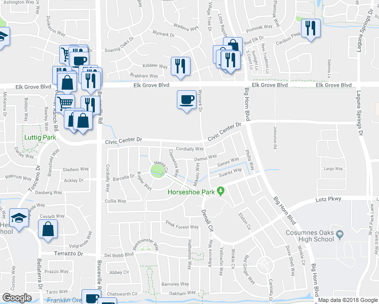 map of restaurants, bars, coffee shops, grocery stores, and more near 6601 Cordially Way in Elk Grove
