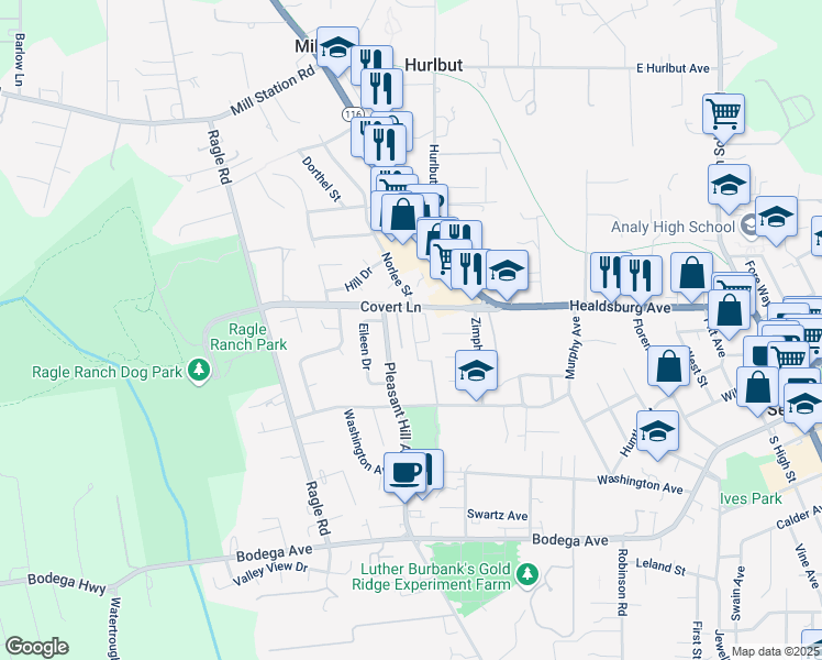 map of restaurants, bars, coffee shops, grocery stores, and more near 479 Sequoia Lane in Sebastopol