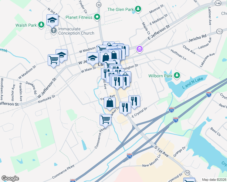 map of restaurants, bars, coffee shops, grocery stores, and more near 308 South 1st Avenue in La Grange