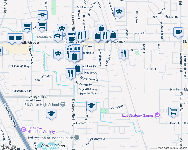 map of restaurants, bars, coffee shops, grocery stores, and more near 8968 El Mirador Drive in Elk Grove