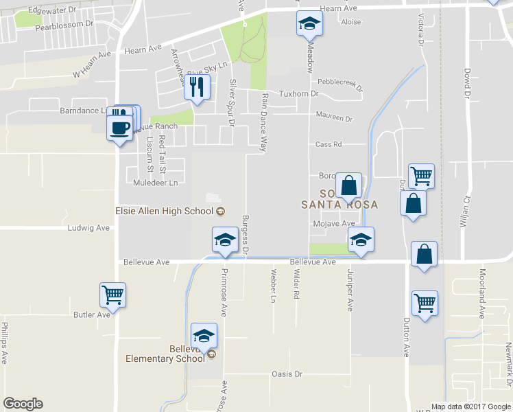 map of restaurants, bars, coffee shops, grocery stores, and more near 533 Bellevue Avenue in Santa Rosa