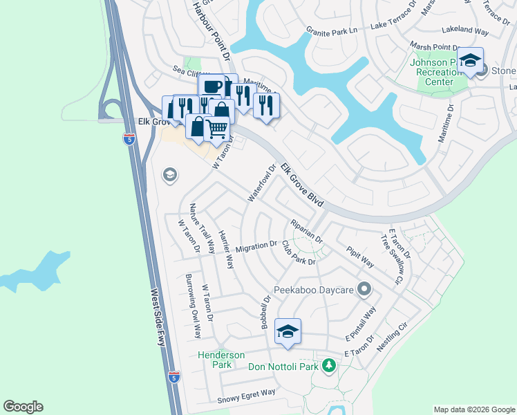 map of restaurants, bars, coffee shops, grocery stores, and more near 9752 Sage Thrasher Circle in Elk Grove