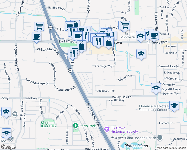 map of restaurants, bars, coffee shops, grocery stores, and more near 30 Calle Susana in Elk Grove