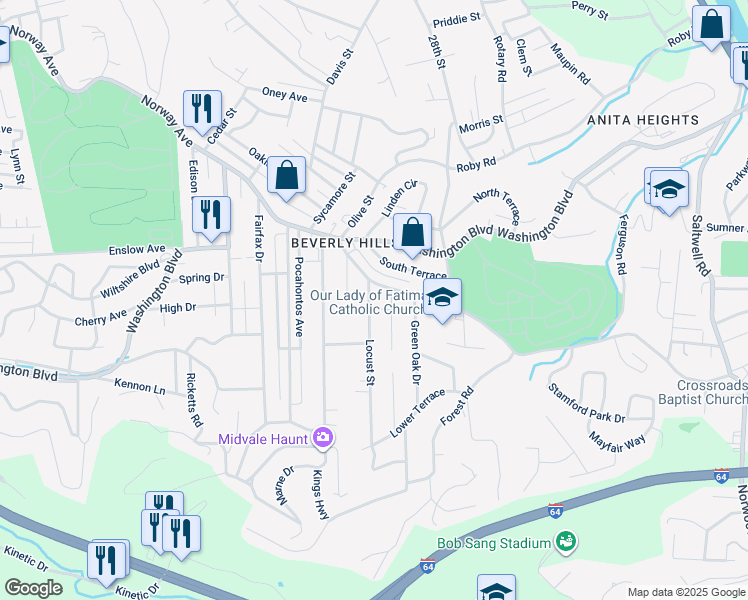map of restaurants, bars, coffee shops, grocery stores, and more near 112 Locust Street in Huntington