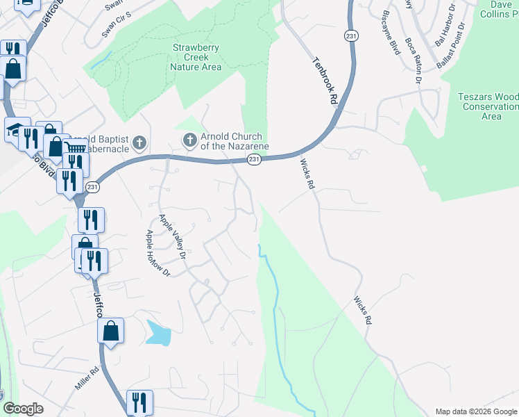 map of restaurants, bars, coffee shops, grocery stores, and more near 3978 Kleinschmidt Road in Arnold