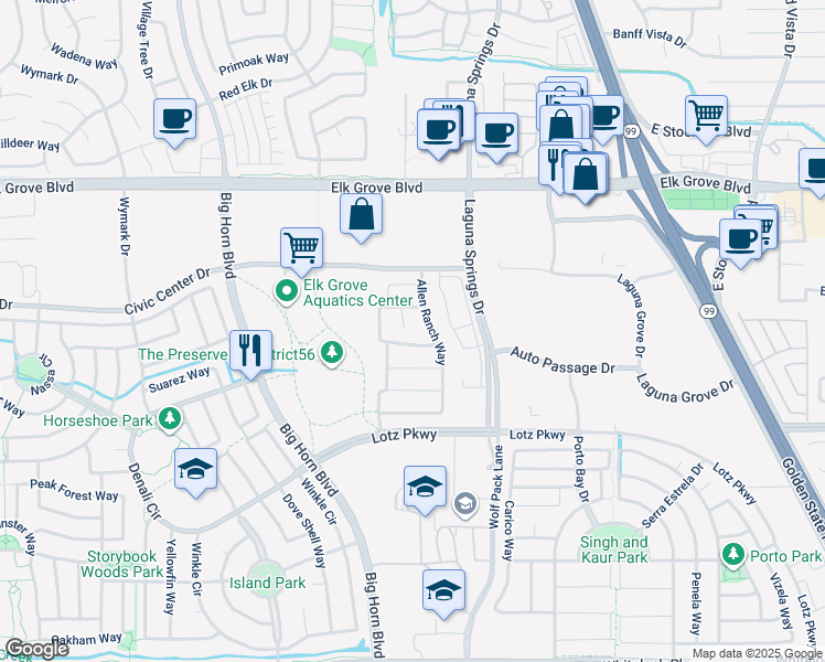 map of restaurants, bars, coffee shops, grocery stores, and more near 9713 Latana Court in Elk Grove