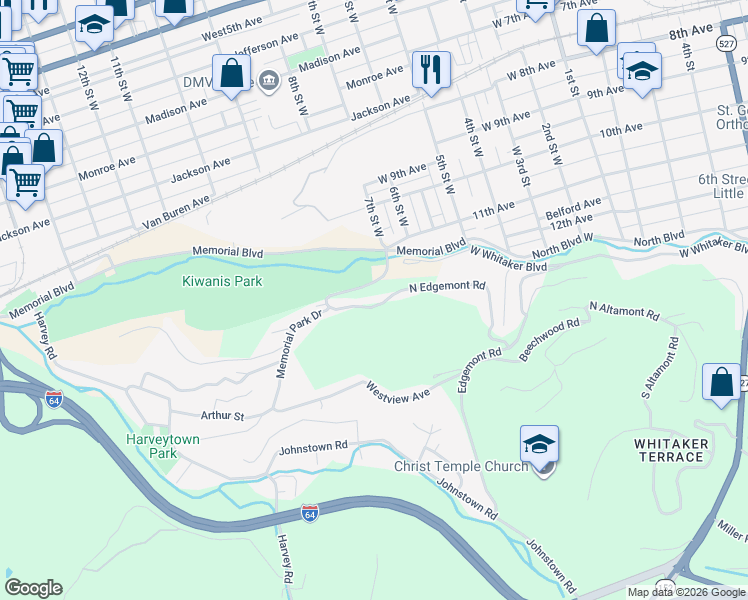 map of restaurants, bars, coffee shops, grocery stores, and more near 156 South Edgemont Road in Huntington