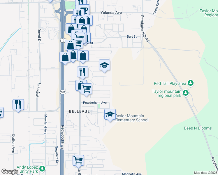 map of restaurants, bars, coffee shops, grocery stores, and more near 565 El Capitan Way in Santa Rosa