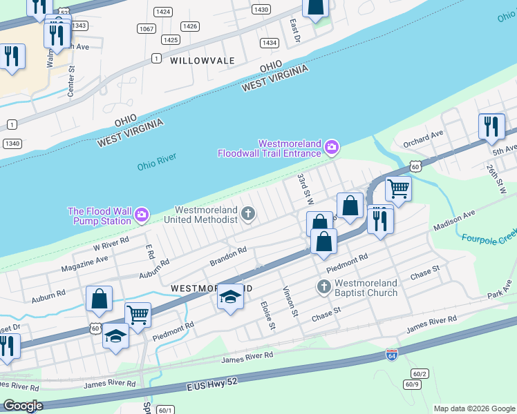 map of restaurants, bars, coffee shops, grocery stores, and more near 235 Indiana St in Huntington